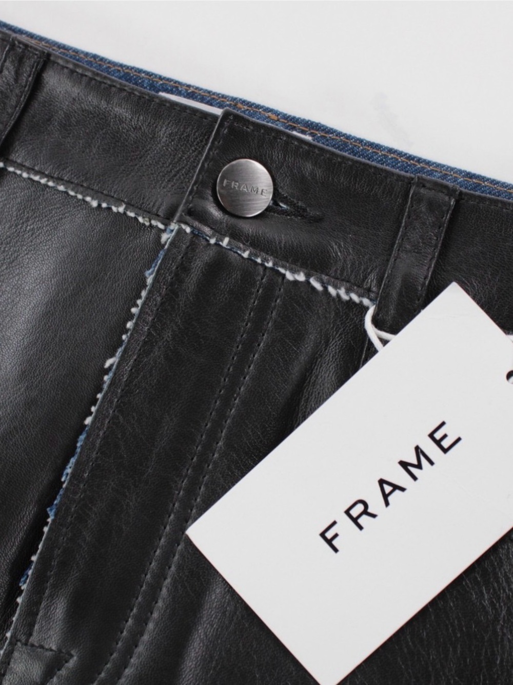 Frame NWT Le Mini Stagger Auby Leather/Denim Skirt